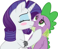 Size: 3679x3076 | Tagged: safe, artist:theartsyemporium, banned from derpibooru, deleted from derpibooru, derpibooru import, rarity, spike, dragon, blush sticker, blushing, female, heart eyes, kissing, male, shipping, simple background, sparity, straight, transparent background, wingding eyes