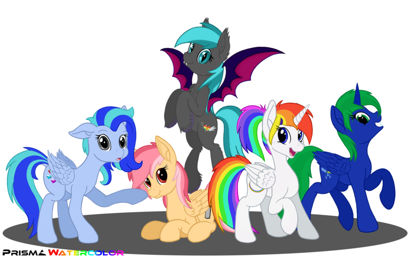 Size: 2000x1250 | Tagged: safe, artist:prismawatercolor, banned from derpibooru, deleted from derpibooru, derpibooru import, oc, oc:prisma watercolor, oc:scratchie, unofficial characters only, alicorn, bat pony, pegasus, pony, alicorn oc, female, freckles, group, horn, looking at you, mare, multicolored hair, rainbow hair, smiling, wings