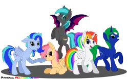 Size: 2000x1250 | Tagged: safe, artist:prismawatercolor, banned from derpibooru, deleted from derpibooru, derpibooru import, oc, oc:prisma watercolor, oc:scratchie, unofficial characters only, alicorn, bat pony, pegasus, pony, alicorn oc, female, freckles, group, horn, looking at you, mare, multicolored hair, rainbow hair, smiling, wings