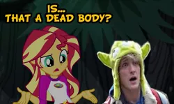 Size: 741x442 | Tagged: semi-grimdark, banned from derpibooru, deleted from derpibooru, derpibooru import, edit, edited screencap, screencap, sunset shimmer, equestria girls, legend of everfree, clothes, context is for the weak, forest, logan paul, obligatory pony, open mouth, text, we are going to hell