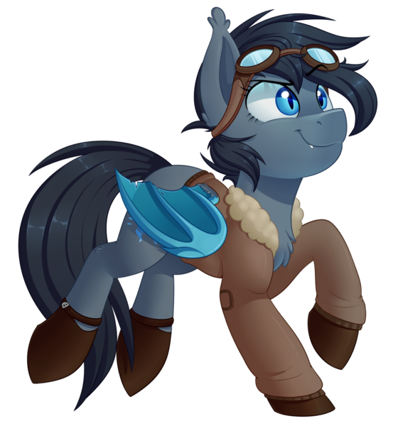 Size: 1281x1389 | Tagged: safe, artist:thegamblehorse, banned from derpibooru, deleted from derpibooru, derpibooru import, oc, oc:seachell, unofficial characters only, bat pony, bat pony oc, bat wings, bomber jacket, chest fluff, clothes, female, goggles, jacket, pilot, simple background, solo, transparent background, wings