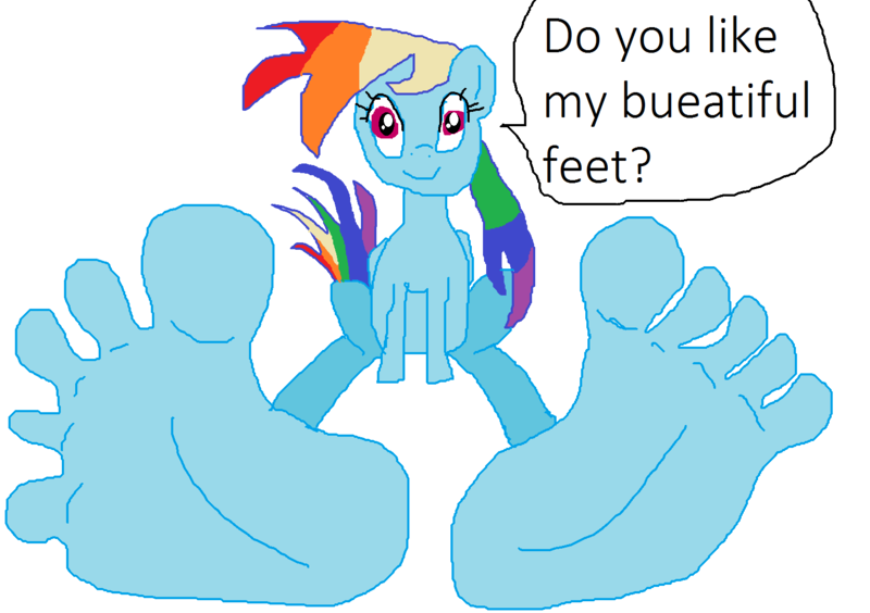 Size: 1562x1102 | Tagged: suggestive, banned from derpibooru, deleted from derpibooru, derpibooru import, rainbow dash, anthro, plantigrade anthro, 1000 hours in ms paint, barefoot, feet, female, fetish, foot fetish, ms paint, quality, solo, solo female, speech bubble