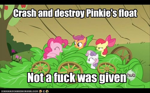 Size: 500x312 | Tagged: safe, banned from derpibooru, deleted from derpibooru, derpibooru import, apple bloom, pinkie pie, scootaloo, sweetie belle, one bad apple, caption, image macro, text