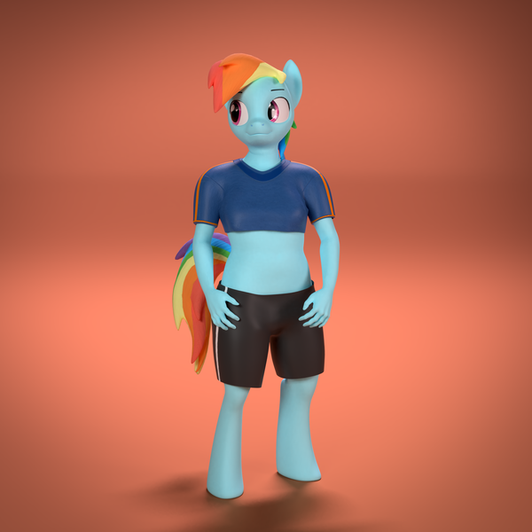Size: 2160x2160 | Tagged: safe, artist:kurro, banned from derpibooru, deleted from derpibooru, derpibooru import, rainbow dash, anthro, unguligrade anthro, 3d, abstract background, blender, clothes, female, solo, workout outfit
