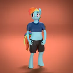 Size: 2160x2160 | Tagged: safe, artist:kurro, banned from derpibooru, deleted from derpibooru, derpibooru import, rainbow dash, anthro, unguligrade anthro, 3d, abstract background, blender, clothes, female, solo, workout outfit