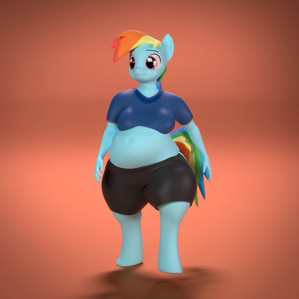 Size: 2160x2160 | Tagged: safe, artist:kurro, banned from derpibooru, deleted from derpibooru, derpibooru import, rainbow dash, anthro, unguligrade anthro, 3d, abstract background, belly button, blender, clothes, fat, female, rainblob dash, solo, workout outfit