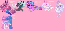 Size: 1024x497 | Tagged: safe, artist:morkemime, banned from derpibooru, deleted from derpibooru, derpibooru import, oc, oc:bubblegum space, oc:decay, oc:glittersweet, oc:love heart, oc:princess dormir, oc:sugar spin, unofficial characters only