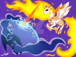 Size: 1024x768 | Tagged: safe, artist:platinumfeather2002, banned from derpibooru, deleted from derpibooru, derpibooru import, daybreaker, nightmare moon, fight, shield, watermark