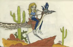 Size: 2357x1509 | Tagged: safe, artist:smcho1014, banned from derpibooru, deleted from derpibooru, derpibooru import, bird, human, roadrunner, cactus, clothes, colored pencil drawing, desert, female, high heels, prickly pear, reins, riding, roadrunner ride, saddle, saguaro cactus, shoes, tack, tara strong, traditional art, woman