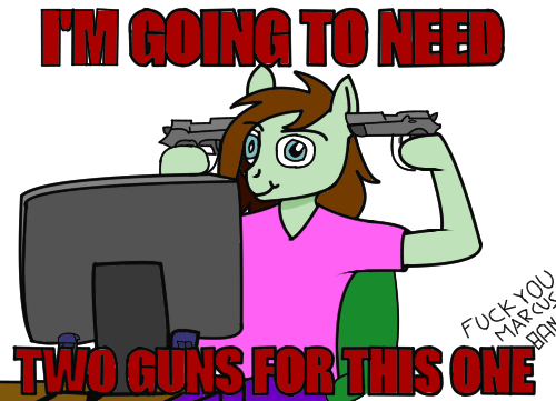 Size: 500x361 | Tagged: semi-grimdark, artist:marcus todjel, banned from derpibooru, deleted from derpibooru, derpibooru import, oc, oc:mint chocolate, anthro, computer, gun, solo, vulgar, weapon