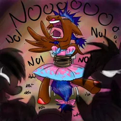 Size: 800x800 | Tagged: safe, artist:berndem-bones, banned from derpibooru, deleted from derpibooru, derpibooru import, oc, oc:nimble wing, unofficial characters only, pegasus, abstract background, bondage, clothes, crossdressing, dress, dressup, ear piercing, forced, hoof polish, humiliation, laughing, lipstick, male, open mouth, piercing, rope, rope bondage, tied up, yelling