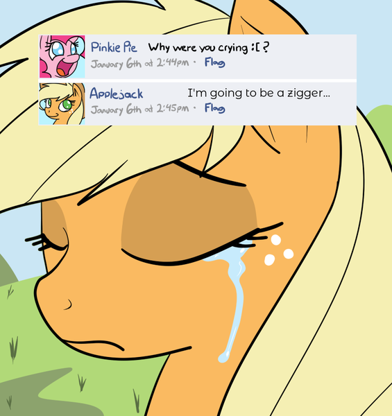 Size: 831x882 | Tagged: safe, artist:reiduran, banned from derpibooru, deleted from derpibooru, derpibooru import, edit, applejack, pinkie pie, earth pony, pony, leak, spoiler:g5, crying, eyes closed, facebook, female, g5, g5 applejack drama, mare, racism, solo focus, ziggers