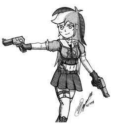 Size: 3108x3300 | Tagged: suggestive, artist:atisuto17, banned from derpibooru, deleted from derpibooru, derpibooru import, rainbow dash, equestria girls, belly button, breasts, busty rainbow dash, clothes, crossover, cute, female, grayscale, gun, japanese, midriff, miniskirt, moe, monochrome, pleated skirt, school uniform, skirt, solo, traditional art, video game, weapon, z-girls