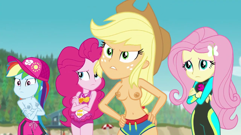 Size: 1280x720 | Tagged: questionable, artist:fishsandwich, banned from derpibooru, deleted from derpibooru, derpibooru import, edit, edited edit, edited screencap, editor:slayerbvc, screencap, applejack, fluttershy, pinkie pie, rainbow dash, equestria girls, equestria girls series, forgotten friendship, applejack's hat, beach, breasts, clothes, cowboy hat, female, females only, geode of sugar bombs, hat, magical geodes, nipples, nudity, one-piece swimsuit, partial nudity, partial nudity edit, swimsuit, topless, wetsuit