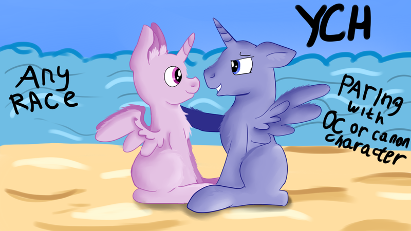 Size: 1280x720 | Tagged: safe, artist:jbond, banned from derpibooru, deleted from derpibooru, derpibooru import, beach, commission, generic pony, shipping, text, your character here