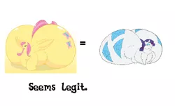 Size: 754x455 | Tagged: safe, banned from derpibooru, deleted from derpibooru, derpibooru import, fluttershy, rarity, butt, comparison, fat, fattershy, huge butt, impossibly large butt, inflation, large butt, morbidly obese, obese, plot, rearity, seems legit, text, wat