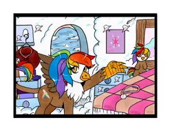 Size: 1137x864 | Tagged: safe, artist:ponebooth, banned from derpibooru, deleted from derpibooru, derpibooru import, oc, oc:rainbow feather, unofficial characters only, gryphon, hippogriff, bed, cape, clothes, cloud, crown, cutie mark, house, interspecies offspring, jewelry, magical lesbian spawn, medal, multicolored hair, next generation, oc solo, offspring, parent:gilda, parent:rainbow dash, parents:gildash, plushie, poster, rainbow hair, regalia, room, solo