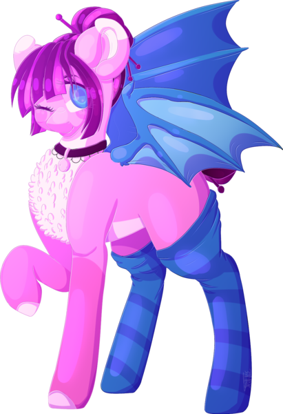 Size: 1076x1572 | Tagged: safe, artist:popcornhorns, banned from derpibooru, deleted from derpibooru, derpibooru import, oc, oc:rose frosting, bat pony, clothes, female, mare, one eye closed, raised hoof, simple background, socks, solo, striped socks, transparent background, wink