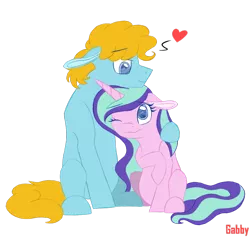 Size: 900x854 | Tagged: safe, artist:gabby-skies, banned from derpibooru, deleted from derpibooru, derpibooru import, oc, earth pony, pony, unicorn, female, heart, image, male, mare, oc x oc, one eye closed, png, shipping, simple background, sitting, stallion, straight, transparent background