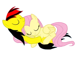 Size: 1024x768 | Tagged: artist needed, safe, banned from derpibooru, deleted from derpibooru, derpibooru import, fluttershy, oc, oc:dasher, canon x oc, cuddling, shipping, simple background, sleeping, transparent background