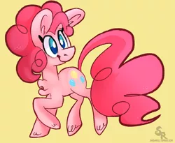 Size: 1020x835 | Tagged: safe, artist:shibaroll, banned from derpibooru, deleted from derpibooru, derpibooru import, pinkie pie, earth pony, pony, chest fluff, cute, female, looking back, mare, smiling