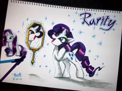 Size: 1280x960 | Tagged: safe, artist:redflare500, banned from derpibooru, deleted from derpibooru, derpibooru import, rarity, pony, unicorn, female, mare, mirror, traditional art