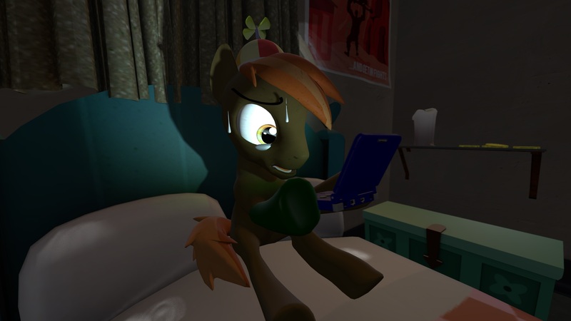 Size: 2400x1350 | Tagged: safe, artist:steelclaw, banned from derpibooru, deleted from derpibooru, derpibooru import, button mash, 3d, bedroom, candle, chest, creepypasta, crying, curtains, gameboy advance sp, gameboy advance sp blue edition, gold, poster, rot, rotting, shelf, sitting in bed, source filmmaker, sweat, trollpasta, worried