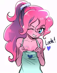 Size: 700x900 | Tagged: suggestive, artist:quizia, banned from derpibooru, deleted from derpibooru, derpibooru import, pinkie pie, human, alternate hairstyle, clothes, cutie mark on breast, heart, one eye closed, smiling, tanktop, wink