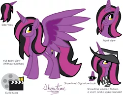 Size: 3275x2541 | Tagged: safe, artist:arieltodd, banned from derpibooru, deleted from derpibooru, derpibooru import, oc, oc:showtime, unofficial characters only, alicorn, alicorn oc, horn, reference sheet, wings