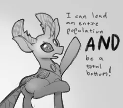 Size: 1280x1129 | Tagged: suggestive, artist:snugs, banned from derpibooru, deleted from derpibooru, derpibooru import, thorax, changedling, changeling, butt, dialogue, frown, gray background, grayscale, king thorax, male, monochrome, open mouth, plot, pointing, raised eyebrow, raised hoof, raised leg, simple background, solo, solo male, submissive, text, thorass