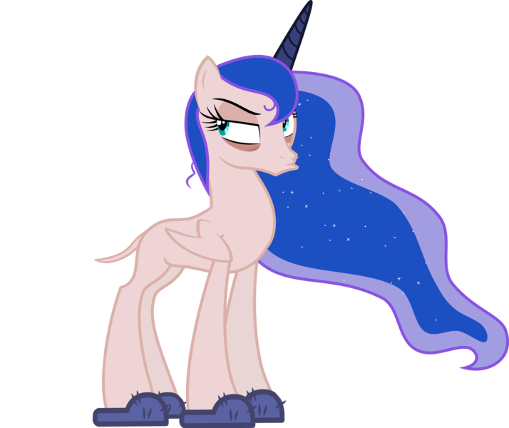 Size: 4000x3360 | Tagged: safe, artist:theartsyemporium, banned from derpibooru, deleted from derpibooru, derpibooru import, edit, edited edit, editor:slayerbvc, vector edit, princess luna, alicorn, a royal problem, bags under eyes, bed mane, clothes, duckface, female, furless, furless edit, grumpy, high res, lidded eyes, mare, missing accessory, morning ponies, nude edit, nudity, plucked, shaved, shaved tail, simple background, sleepy, slippers, solo, transparent background, unamused, vector