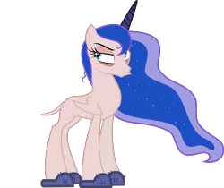 Size: 4000x3360 | Tagged: safe, artist:theartsyemporium, banned from derpibooru, deleted from derpibooru, derpibooru import, edit, edited edit, editor:slayerbvc, vector edit, princess luna, alicorn, a royal problem, bags under eyes, bed mane, clothes, duckface, female, furless, furless edit, grumpy, high res, lidded eyes, mare, missing accessory, morning ponies, nude edit, nudity, plucked, shaved, shaved tail, simple background, sleepy, slippers, solo, transparent background, unamused, vector