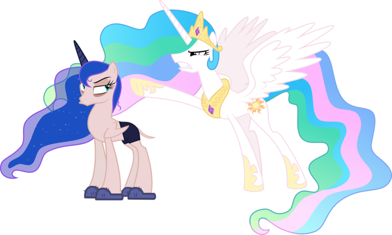 Size: 5621x3369 | Tagged: safe, artist:theartsyemporium, artist:xebck, banned from derpibooru, deleted from derpibooru, derpibooru import, edit, edited edit, editor:slayerbvc, vector edit, princess celestia, princess luna, alicorn, a royal problem, the cutie re-mark, absurd resolution, angry, clothes, duckface, female, furless, furless edit, gritted teeth, grumpy, lidded eyes, looking back, mare, morning ponies, nude edit, nudity, plucked, pointing, shaved, shaved tail, shorts, simple background, sleepy, slippers, spread wings, transparent background, unamused, underwear, vector, wings