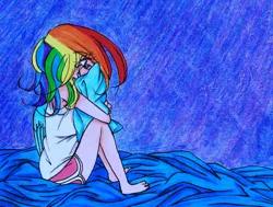 Size: 900x682 | Tagged: safe, artist:inkylove34, banned from derpibooru, deleted from derpibooru, derpibooru import, rainbow dash, human, crying, female, humanized, solo, winged humanization, wings