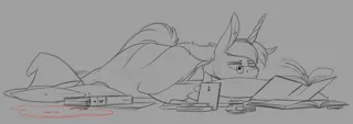 Size: 1024x360 | Tagged: safe, artist:noxartbox, banned from derpibooru, deleted from derpibooru, derpibooru import, pony, unicorn, blanket, book, male, monochrome, prone, solo, stallion