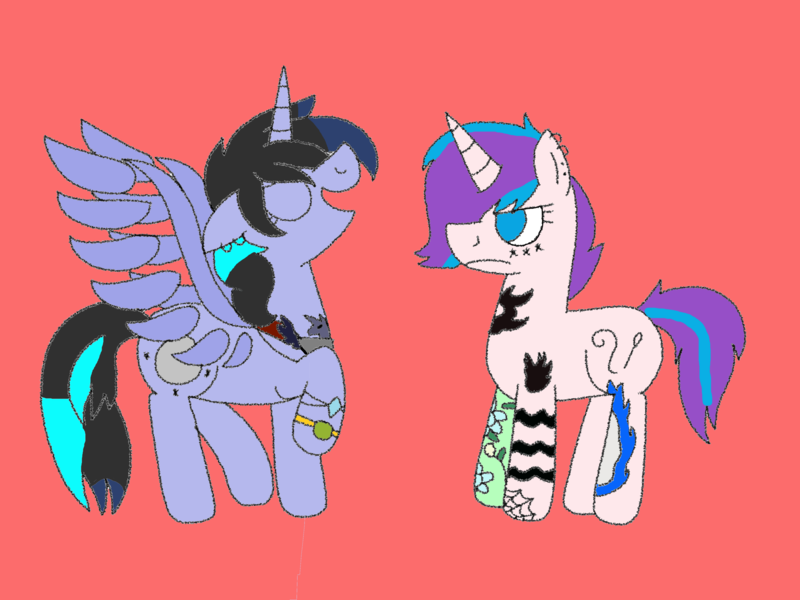 Size: 4096x3072 | Tagged: safe, artist:icey-wicey-1517, artist:kindheart525, banned from derpibooru, deleted from derpibooru, derpibooru import, oc, oc:moonshine twinkle, oc:tammy spears, unofficial characters only, alicorn, pony, unicorn, alicorn amulet, alicorn oc, collaboration, duo, ear piercing, earring, eyes closed, female, horn, jewelry, mare, piercing, red background, simple background, tattoo, unamused, wings
