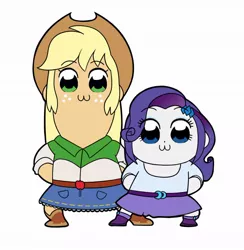 Size: 1000x1025 | Tagged: safe, artist:feellikeaplat, banned from derpibooru, deleted from derpibooru, derpibooru import, edit, applejack, rarity, equestria girls, :3, duo, height difference, pop team epic, simple background, white background