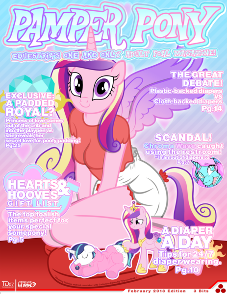 Size: 6000x7777 | Tagged: questionable, artist:fillyscoots42, artist:thunderdasher07, artist:wumbl3, banned from derpibooru, deleted from derpibooru, derpibooru import, edit, princess cadance, shining armor, oc, oc:chroma wave, anthro, bat pony, adult foal, bat pony oc, bat wings, breasts, butt flap, clothes, cute, cutie mark, diaper, diaper fetish, female, fetish, footed sleeper, hearts and hooves day, helvetica, hoodie, looking at you, magazine, magazine cover, male, onesie, pacifier, pajamas, poofy diaper, shiningcadance, shipping, shirt, smiling, spread wings, straight, wings