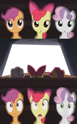 Size: 800x1290 | Tagged: safe, banned from derpibooru, deleted from derpibooru, derpibooru import, apple bloom, scootaloo, sweetie belle, one bad apple, exploitable, exploitable meme, meme, shocked, theater meme