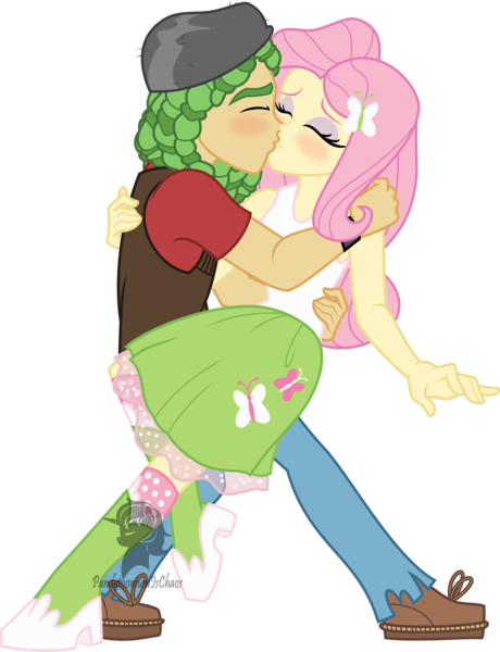 Size: 3000x3909 | Tagged: safe, artist:theartsyemporium, banned from derpibooru, deleted from derpibooru, derpibooru import, fluttershy, sandalwood, equestria girls, blushing, boots, clothes, female, kissing, male, sandalshy, shipping, shoes, simple background, skirt, socks, straight, tanktop, transparent background, vector
