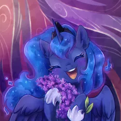 Size: 900x900 | Tagged: safe, artist:jumblehorse, banned from derpibooru, deleted from derpibooru, derpibooru import, princess luna, alicorn, pony, blushing, cute, eyes closed, female, flower, happy, lavender, lunabetes, mare, open mouth, smiling, solo, that pony sure does love lavender