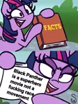 Size: 2048x2737 | Tagged: safe, artist:quarium edits, banned from derpibooru, deleted from derpibooru, derpibooru import, edit, twilight sparkle, alicorn, 2 panel comic, black panther, comic, ed edd n eddy, exploitable, exploitable meme, image macro, meme, obligatory pony, solo, twilight's fact book, twilight sparkle (alicorn), vulgar