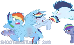 Size: 900x546 | Tagged: safe, artist:shootingstaryt, banned from derpibooru, deleted from derpibooru, derpibooru import, rainbow dash, soarin', oc, base used, chest fluff, female, male, misunderstanding, offspring, parent:rainbow dash, parent:soarin', parents:soarindash, pregnant, shipping, simple background, soarindash, straight, transparent background, watermark