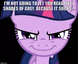 Size: 605x500 | Tagged: safe, banned from derpibooru, deleted from derpibooru, derpibooru import, twilight sparkle, fifty shades of grey, meme, mouthpiece, obligatory pony, serious, serious face