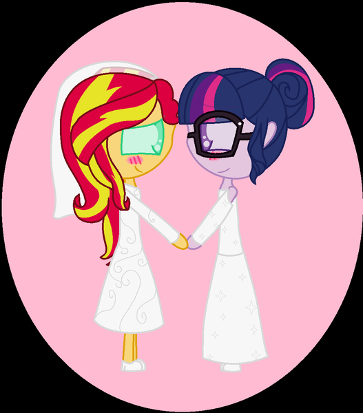 Size: 1036x1180 | Tagged: safe, artist:heavenly-heaven, banned from derpibooru, deleted from derpibooru, derpibooru import, sci-twi, sunset shimmer, twilight sparkle, equestria girls, blushing, chibi, clothes, contest entry, cute, dress, female, holding hands, lesbian, looking at each other, marriage, scitwishimmer, shimmerbetes, shipping, smiling, sunsetsparkle, twiabetes, wedding, wedding dress