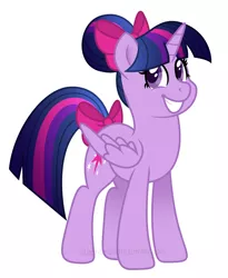 Size: 1326x1620 | Tagged: safe, artist:stephanoodle, banned from derpibooru, deleted from derpibooru, derpibooru import, twilight sparkle, alicorn, alternate hairstyle, bow, cute, hair bow, simple background, smiling, solo, tail bow, twiabetes, twilight sparkle (alicorn)