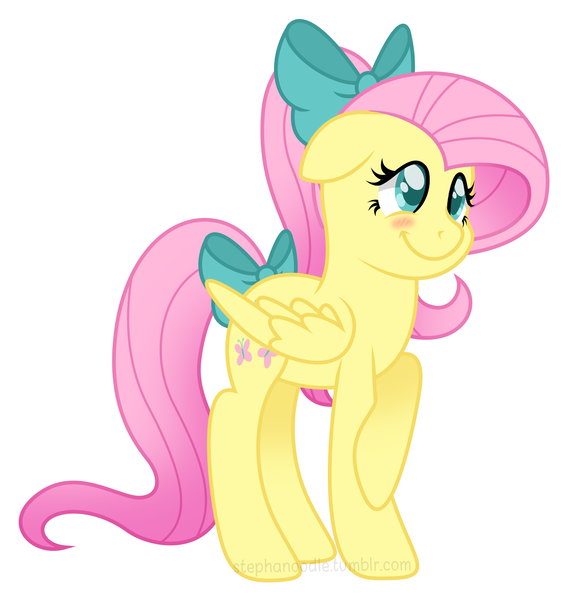 Size: 1578x1674 | Tagged: safe, artist:stephanoodle, banned from derpibooru, deleted from derpibooru, derpibooru import, fluttershy, pony, blushing, bow, cute, hair bow, shyabetes, simple background, smiling, solo, tail bow