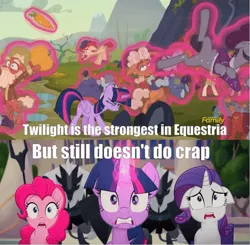 Size: 945x927 | Tagged: safe, banned from derpibooru, deleted from derpibooru, derpibooru import, pinkie pie, rarity, twilight sparkle, my little pony: the movie, the hooffields and mccolts, dragonball z abridged, freeze spell, magic, power levels are bullshit