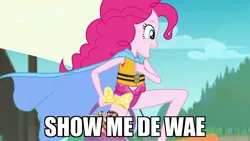 Size: 1920x1080 | Tagged: safe, banned from derpibooru, deleted from derpibooru, derpibooru import, screencap, pinkie pie, equestria girls, equestria girls series, the salty sails, cape, caption, clothes, image macro, meme, swimsuit, text