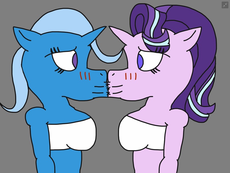 Size: 2048x1536 | Tagged: questionable, semi-grimdark, artist:reaper2545, banned from derpibooru, deleted from derpibooru, derpibooru import, starlight glimmer, trixie, anthro, conjoined, female, forced kiss, image, jpeg, lesbian, shipping, startrix, stitches